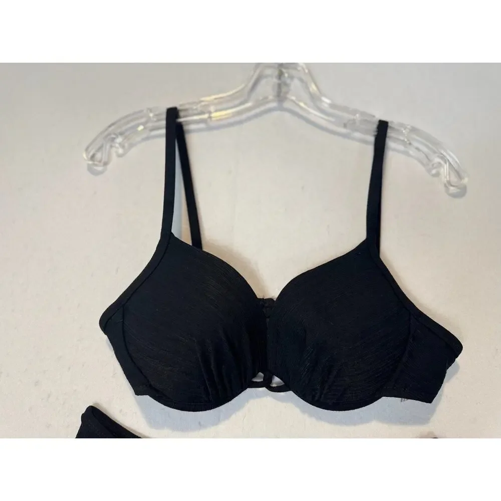 Vtg Athena Black Bikini Sz 12 Top Push Up‎ Top High Cut Bottoms